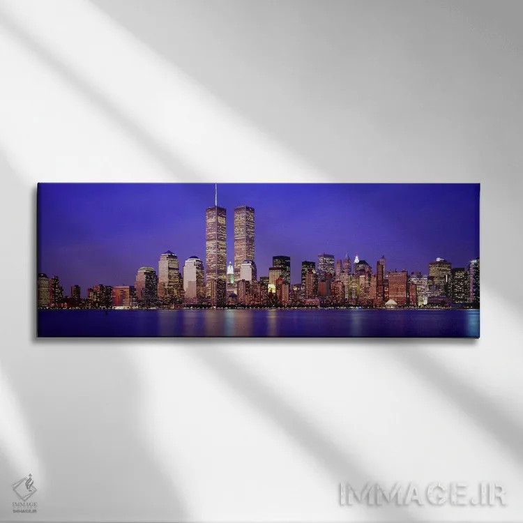 تابلو World Trade Center, Wall Street, Manhattan, New York City, New York State, USA,ساختمانهای ساحلی روشن در غروب، مرکز تجارت جهانی و وال استریت، منهتن، نیویورک، آمریکا اثر پانورامیک ایمجز (استودیو عکاسی عریض) - نمای روبهرو روی دیوار