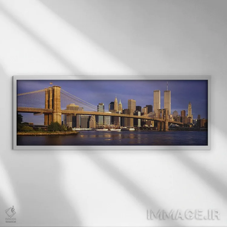 تابلو New York City, New York, USA,پل بروکلین و افق منهتن، شهر نیویورک، آمریکا اثر پانورامیک ایمجز (استودیو عکاسی عریض) - نمای قابدار سفید