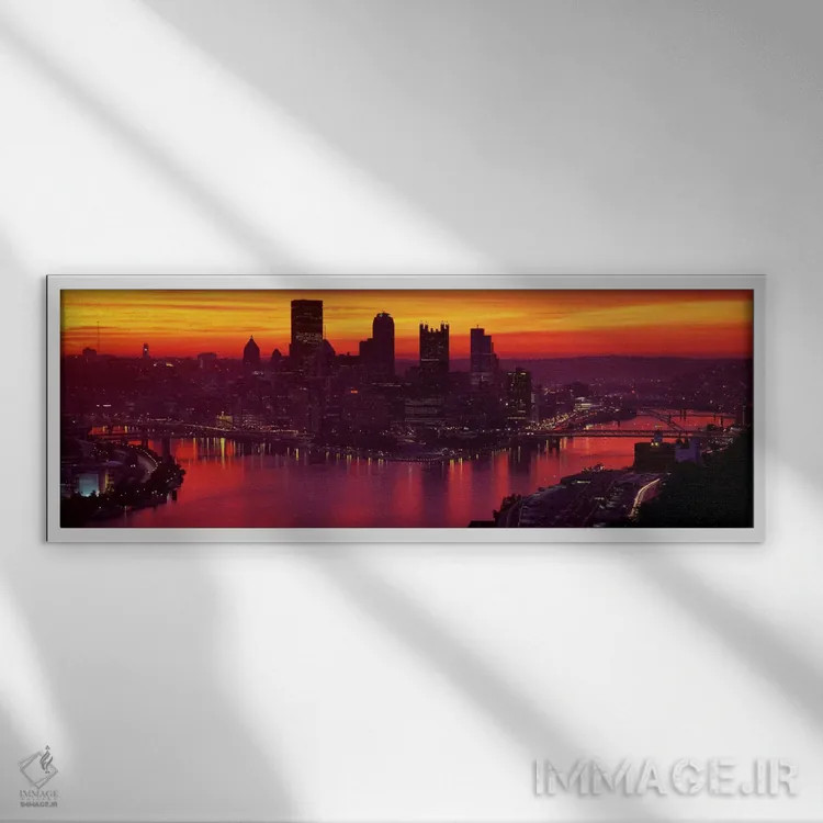 تابلو Three Rivers Stadium, Pittsburgh, Allegheny County, Pennsylvania, USA,سیلوئت ساختمانها در سپیدهدم، ورزشگاه سه رود، پیتسبورگ، پنسیلوانیا، آمریکا اثر پانورامیک ایمجز (استودیو عکاسی عریض) - نمای قابدار سفید