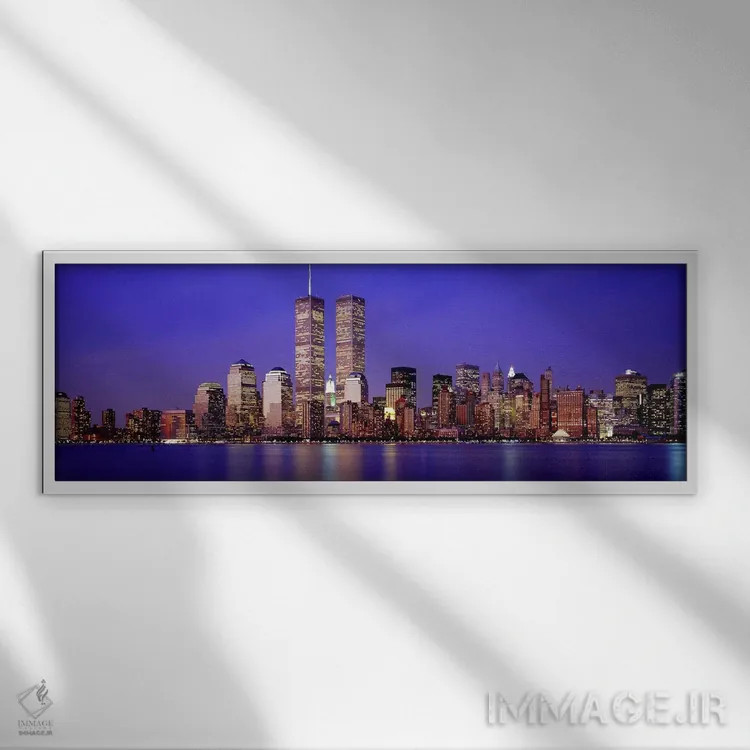 تابلو World Trade Center, Wall Street, Manhattan, New York City, New York State, USA,ساختمانهای ساحلی روشن در غروب، مرکز تجارت جهانی و وال استریت، منهتن، نیویورک، آمریکا اثر پانورامیک ایمجز (استودیو عکاسی عریض) - نمای قابدار سفید