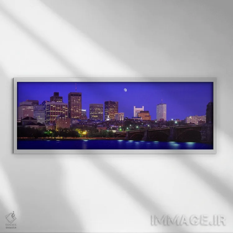 تابلو Boston Massachusetts, USA,پل لانگفِلو و منطقه مالی از منظر کمبریج شرقی، بوستون، ماساچوست، آمریکا اثر پانورامیک ایمجز (استودیو عکاسی عریض) - نمای قابدار سفید