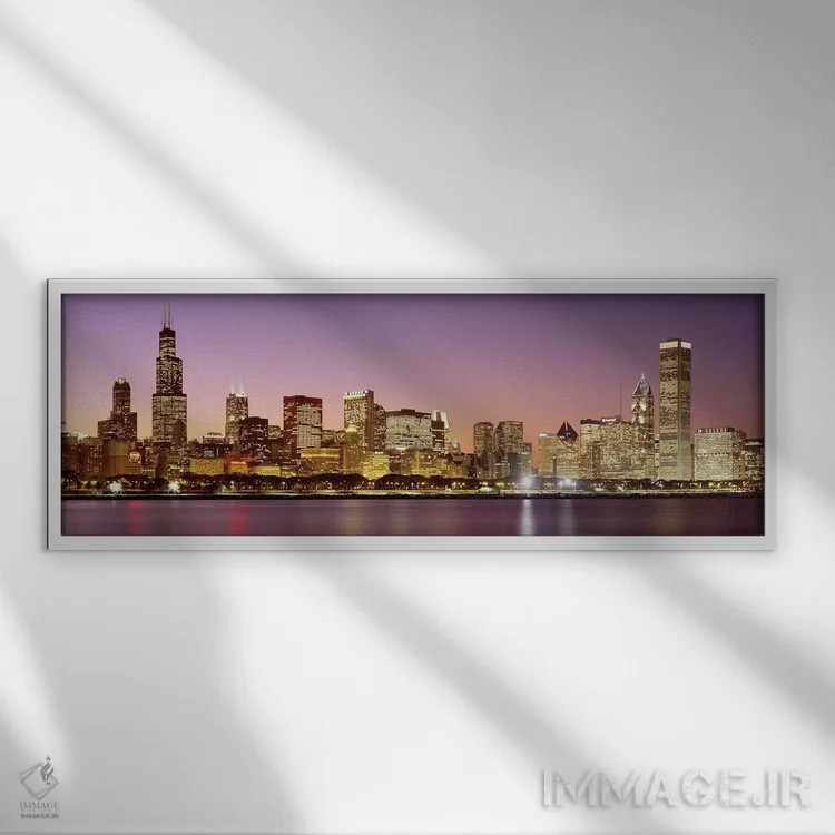 تابلو افق شهر شیکاگو در غروب، ایلینوی، آمریکا اثر پانورامیک ایمجز (استودیو عکاسی عریض) - نمای قابدار سفید