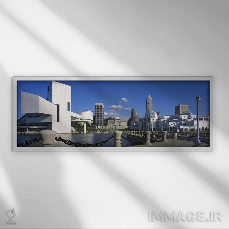 تابلو Rock And Roll Hall Of Fame, Cleveland, Ohio, USA,ساختمان ساحلی، تالار مشاهیر راک اند رول، کلیولند، اوهایو، آمریکا اثر پانورامیک ایمجز (استودیو عکاسی عریض) - نمای قابدار سفید