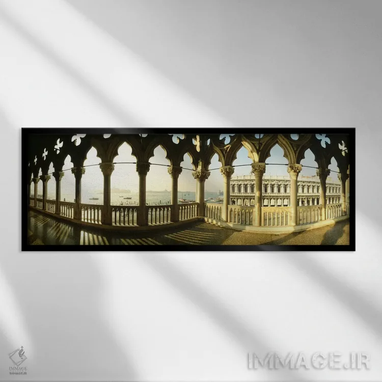 تابلو Doge's Palace (Palazzo Ducale), Venice, Italy,بالکن گوتیک ونیزی، قصر دوجه (پالاتزو دوکاله)، ونیز، ایتالیا اثر پانورامیک ایمجز (استودیو عکاسی عریض) - نمای قابدار مشکی