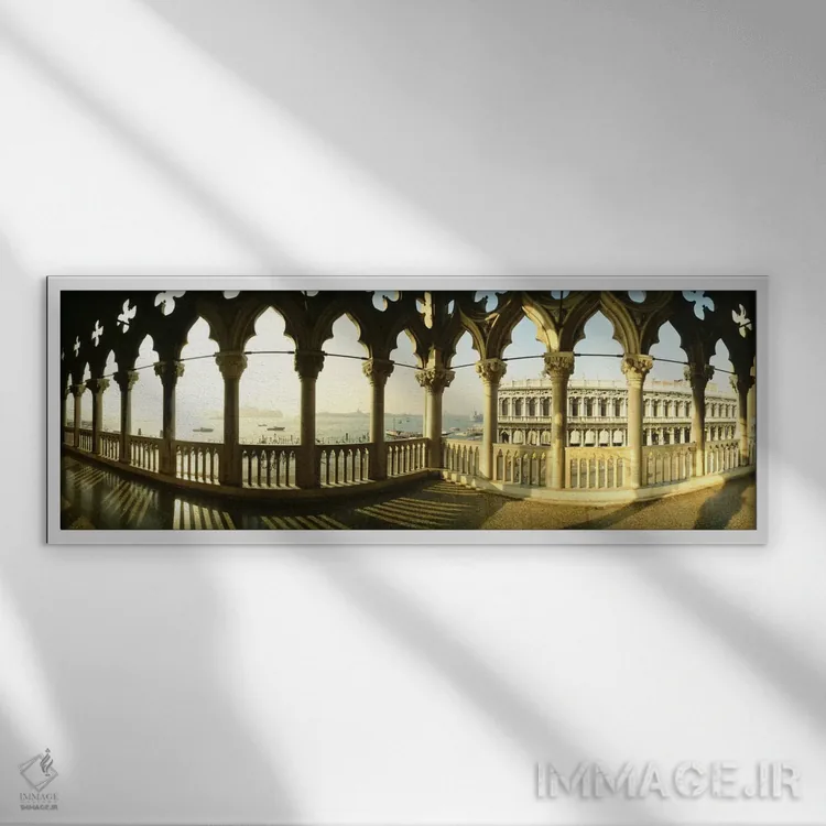 تابلو Doge's Palace (Palazzo Ducale), Venice, Italy,بالکن گوتیک ونیزی، قصر دوجه (پالاتزو دوکاله)، ونیز، ایتالیا اثر پانورامیک ایمجز (استودیو عکاسی عریض) - نمای قابدار سفید