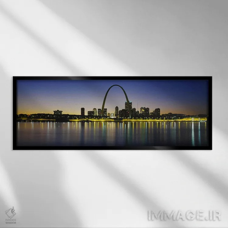 تابلو St. Louis, Missouri, USA,بازتاب افق شبانه شهر سنت لوئیس، میسوری، آمریکا اثر پانورامیک ایمجز (استودیو عکاسی عریض) - نمای قابدار مشکی