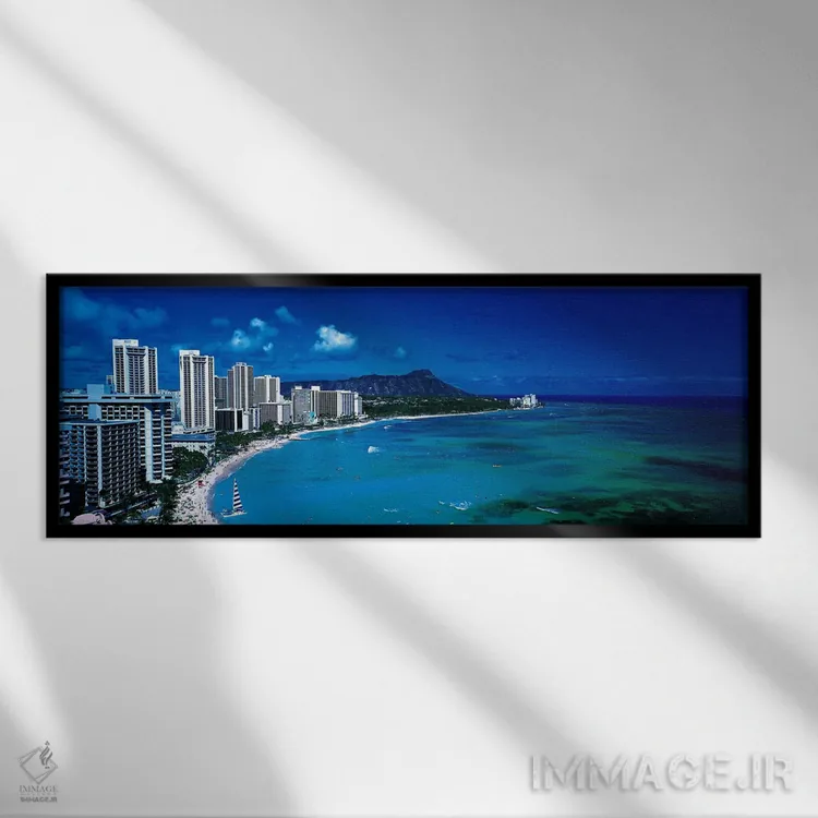 تابلو ساحل وایکیکی، هونولولو، اوآهو، هاوایی، آمریکا اثر پانورامیک ایمجز (استودیو عکاسی عریض) - نمای قابدار مشکی