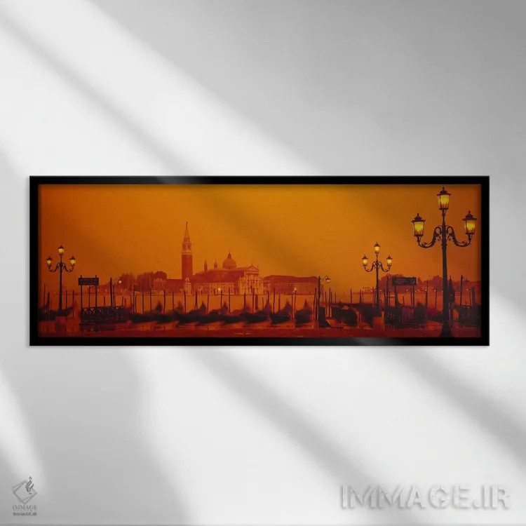 تابلو Venice, Veneto, Italy,گوندولاهای پهلوگرفته در ایستگاه مولو با نمای سن جورجو ماجوره در پسزمینه، ونیز، ونتو، ایتالیا اثر پانورامیک ایمجز (استودیو عکاسی عریض) - نمای قابدار مشکی