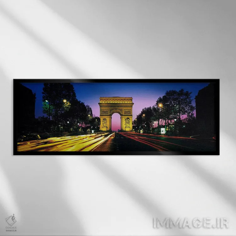 تابلو Paris, Ile-de-France, France,طاق پیروزی با نور کشیده خودروها، پاریس، ایل-د-فرانس، فرانسه اثر پانورامیک ایمجز (استودیو عکاسی عریض) - نمای قابدار مشکی
