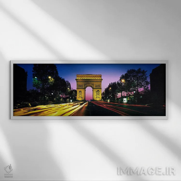 تابلو Paris, Ile-de-France, France,طاق پیروزی با نور کشیده خودروها، پاریس، ایل-د-فرانس، فرانسه اثر پانورامیک ایمجز (استودیو عکاسی عریض) - نمای قابدار سفید
