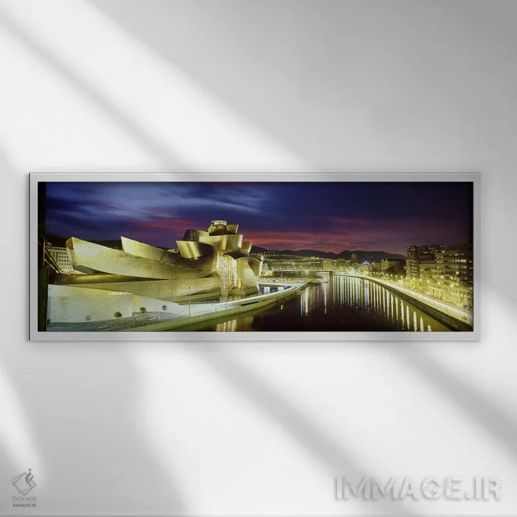 تابلو Bilbao, Biscay, Basque Country, Spain,موزه گوگنهایم در شب، بیلبائو، بیسکای، منطقه باسک، اسپانیا اثر پانورامیک ایمجز (استودیو عکاسی عریض) - نمای قابدار سفید
