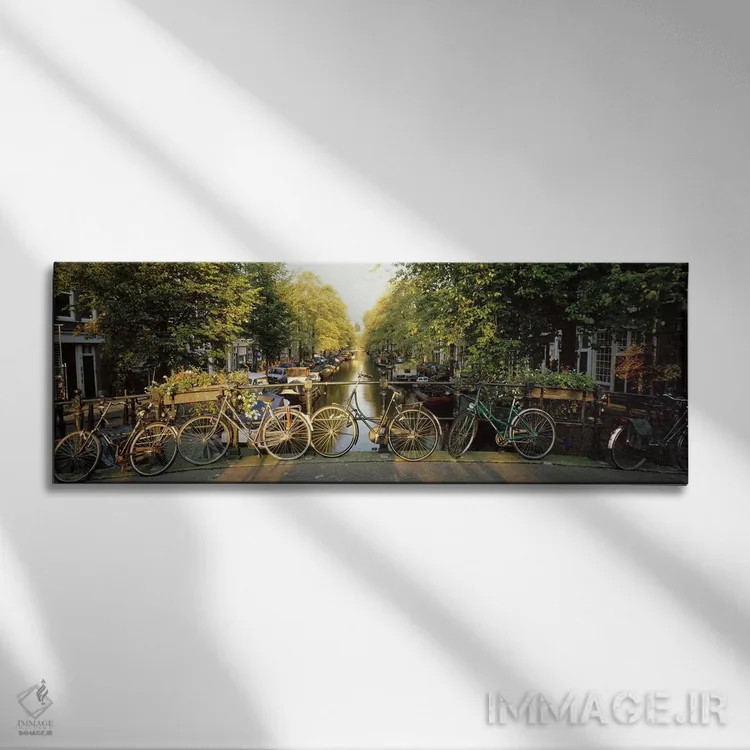 تابلو Amsterdam, Netherlands,ردیفی از دوچرخهها، آمستردام، هلند اثر پانورامیک ایمجز (استودیو عکاسی عریض) - نمای روبهرو روی دیوار