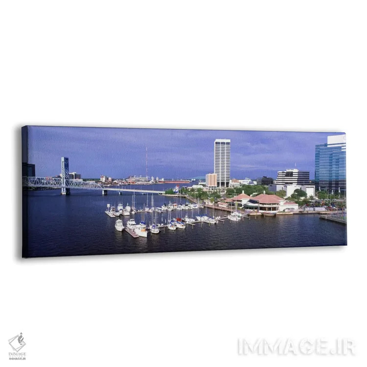 تابلو Florida, Jacksonville, St. Johns River, High angle view of Marina Riverwalk,آمریکا، فلوریدا، جکسونویل، رود سنت جانز، نمای بالا از مارینا ریورواک اثر پانورامیک ایمجز (استودیو عکاسی عریض) - نمای پرسپکتیو محصول