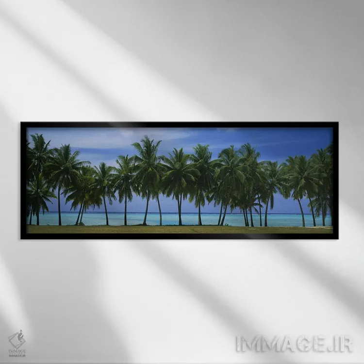 تابلو درختان نخل و تالاب آیتوتاکی، جزایر کوک اثر پانورامیک ایمجز (استودیو عکاسی عریض) - نمای قابدار مشکی