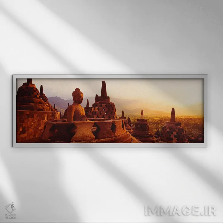 تابلو معبد بودایی بوروبودور، جاوه، اندونزی اثر پانورامیک ایمجز (استودیو عکاسی عریض) - نمای قابدار سفید