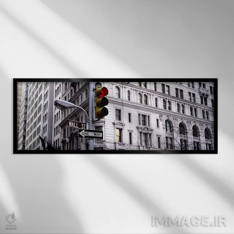 تابلو Wall Street, New York City, New York, USA,چراغ راهنمایی، وال استریت، نیویورک سیتی، نیویورک، آمریکا اثر پانورامیک ایمجز (استودیو عکاسی عریض) - نمای قابدار مشکی