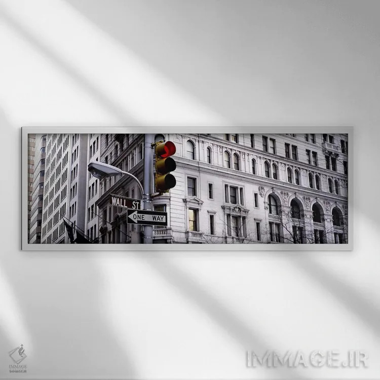 تابلو Wall Street, New York City, New York, USA,چراغ راهنمایی، وال استریت، نیویورک سیتی، نیویورک، آمریکا اثر پانورامیک ایمجز (استودیو عکاسی عریض) - نمای قابدار سفید