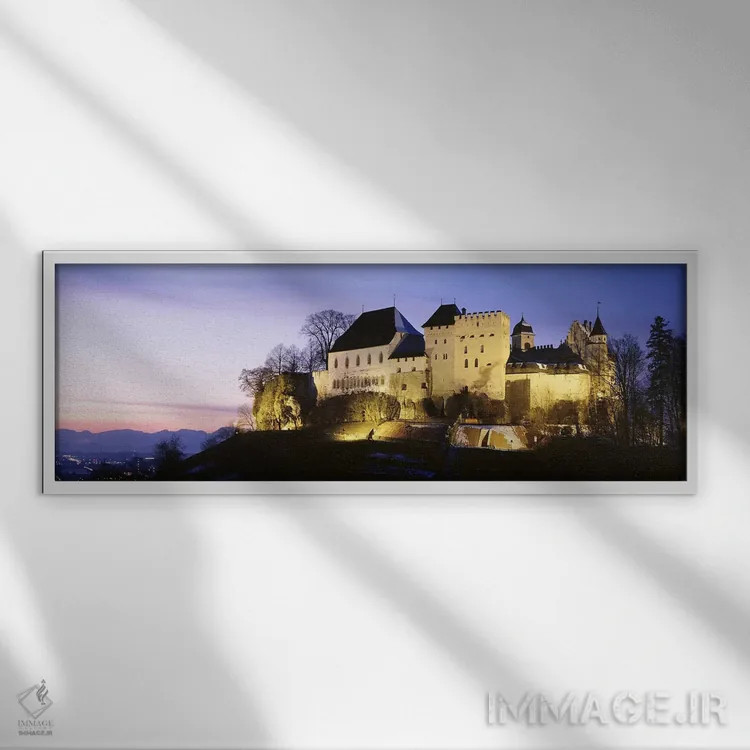 تابلو Lenzburg, Aargau, Switzerland,قلعه لنزبورگ در شب، آارگو، سوئیس اثر پانورامیک ایمجز (استودیو عکاسی عریض) - نمای قابدار سفید