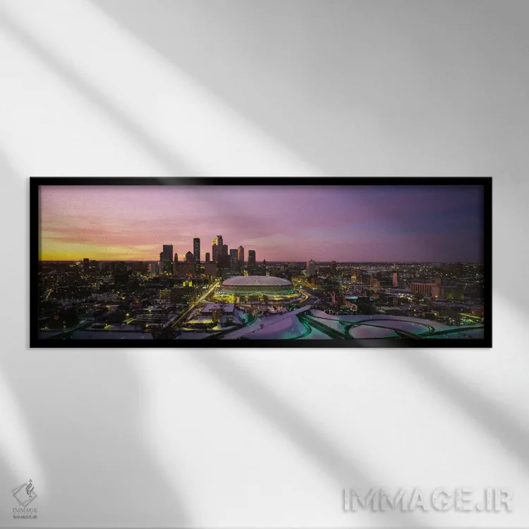 تابلو Minnesota, USA,آسمانخراشهای روشن در غروب، مینیاپولیس، مینهسوتا، آمریکا اثر پانورامیک ایمجز (استودیو عکاسی عریض) - نمای قابدار مشکی