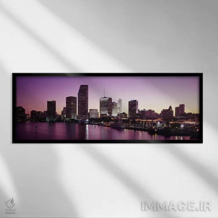 تابلو Miami, Miami-Dade county, Florida, USA,ساختمانهای روشن در غروب، خلیج بیسکین، میامی، شهرستان میامی-دید، فلوریدا، آمریکا اثر پانورامیک ایمجز (استودیو عکاسی عریض) - نمای قابدار مشکی