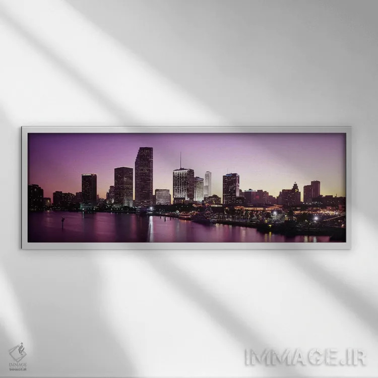 تابلو Miami, Miami-Dade county, Florida, USA,ساختمانهای روشن در غروب، خلیج بیسکین، میامی، شهرستان میامی-دید، فلوریدا، آمریکا اثر پانورامیک ایمجز (استودیو عکاسی عریض) - نمای قابدار سفید