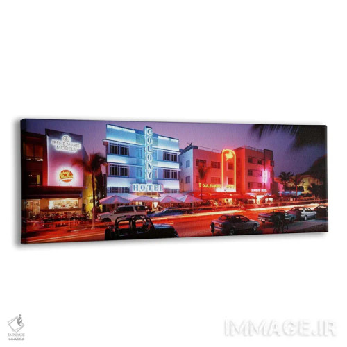 تابلو Miami Beach, Florida, USA,ساختمانهای روشن در شب، ساوث بیچ، میامی بیچ، فلوریدا، آمریکا اثر پانورامیک ایمجز (استودیو عکاسی عریض) - نمای پرسپکتیو محصول