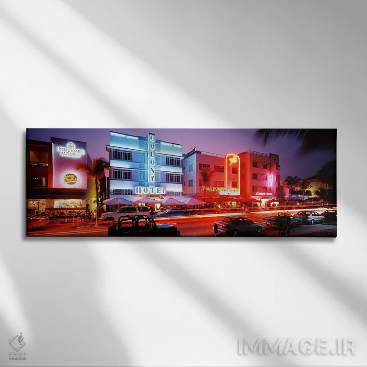 تابلو Miami Beach, Florida, USA,ساختمانهای روشن در شب، ساوث بیچ، میامی بیچ، فلوریدا، آمریکا اثر پانورامیک ایمجز (استودیو عکاسی عریض) - نمای روبهرو روی دیوار