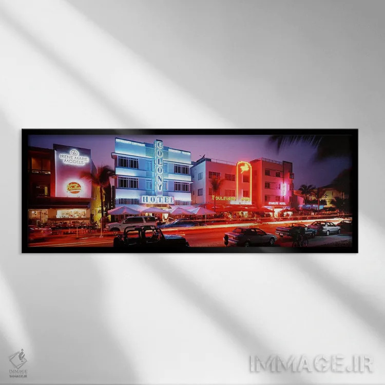 تابلو Miami Beach, Florida, USA,ساختمانهای روشن در شب، ساوث بیچ، میامی بیچ، فلوریدا، آمریکا اثر پانورامیک ایمجز (استودیو عکاسی عریض) - نمای قابدار مشکی