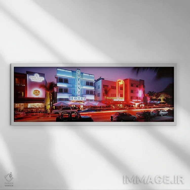 تابلو Miami Beach, Florida, USA,ساختمانهای روشن در شب، ساوث بیچ، میامی بیچ، فلوریدا، آمریکا اثر پانورامیک ایمجز (استودیو عکاسی عریض) - نمای قابدار سفید