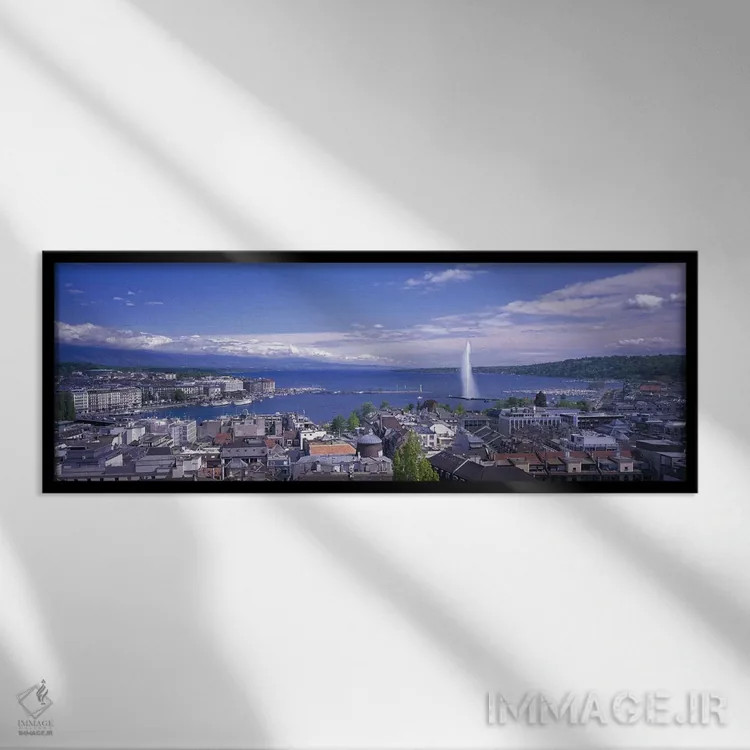 تابلو Lake Geneva, Geneva, Switzerland,چشمانداز ساحلی، دریاچه ژنو، ژنو، سوئیس اثر پانورامیک ایمجز (استودیو عکاسی عریض) - نمای قابدار مشکی