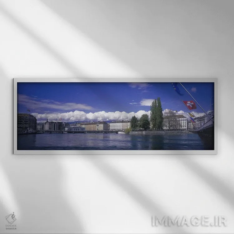 تابلو رود رون، ژنو، سوئیس اثر پانورامیک ایمجز (استودیو عکاسی عریض) - نمای قابدار سفید