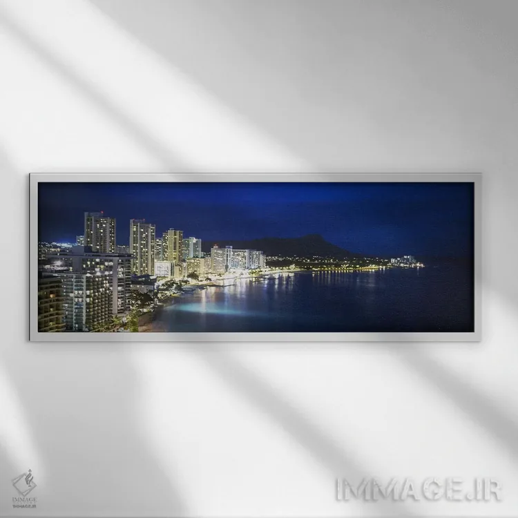 تابلو Waikiki, Honolulu, Oahu, Hawaii, USA,ساختمانها در ساحل وایکیکی، هونولولو، اوآهو، هاوایی، آمریکا اثر پانورامیک ایمجز (استودیو عکاسی عریض) - نمای قابدار سفید