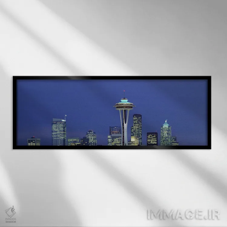 تابلو Space Needle, Seattle, King County, Washington State, USA,ساختمانهای روشن در شب، اسپیس نیدل، سیاتل، شهرستان کینگ، ایالت واشینگتن، آمریکا اثر پانورامیک ایمجز (استودیو عکاسی عریض) - نمای قابدار مشکی