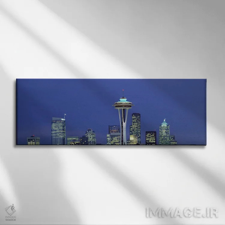 تابلو Space Needle, Seattle, King County, Washington State, USA,ساختمانهای روشن در شب، اسپیس نیدل، سیاتل، شهرستان کینگ، ایالت واشینگتن، آمریکا اثر پانورامیک ایمجز (استودیو عکاسی عریض) - نمای روبهرو روی دیوار