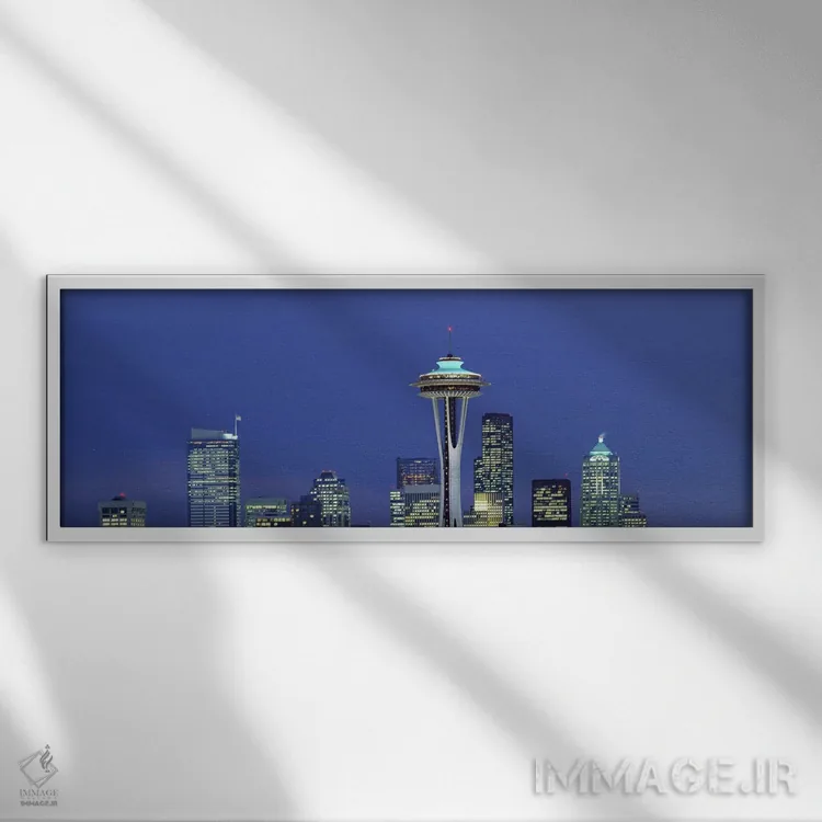 تابلو Space Needle, Seattle, King County, Washington State, USA,ساختمانهای روشن در شب، اسپیس نیدل، سیاتل، شهرستان کینگ، ایالت واشینگتن، آمریکا اثر پانورامیک ایمجز (استودیو عکاسی عریض) - نمای قابدار سفید