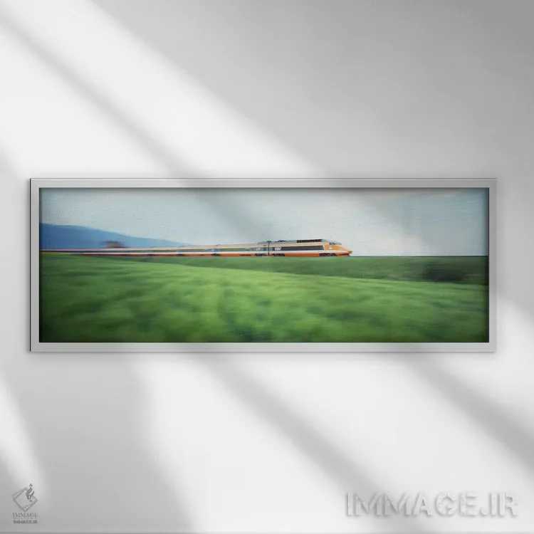 تابلو قطار سریعالسیر TGV در حال عبور از علفزار اثر پانورامیک ایمجز (استودیو عکاسی عریض) - نمای قابدار سفید