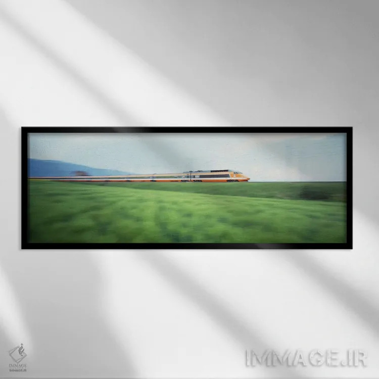 تابلو قطار سریعالسیر TGV در حال عبور از علفزار اثر پانورامیک ایمجز (استودیو عکاسی عریض) - نمای قابدار مشکی