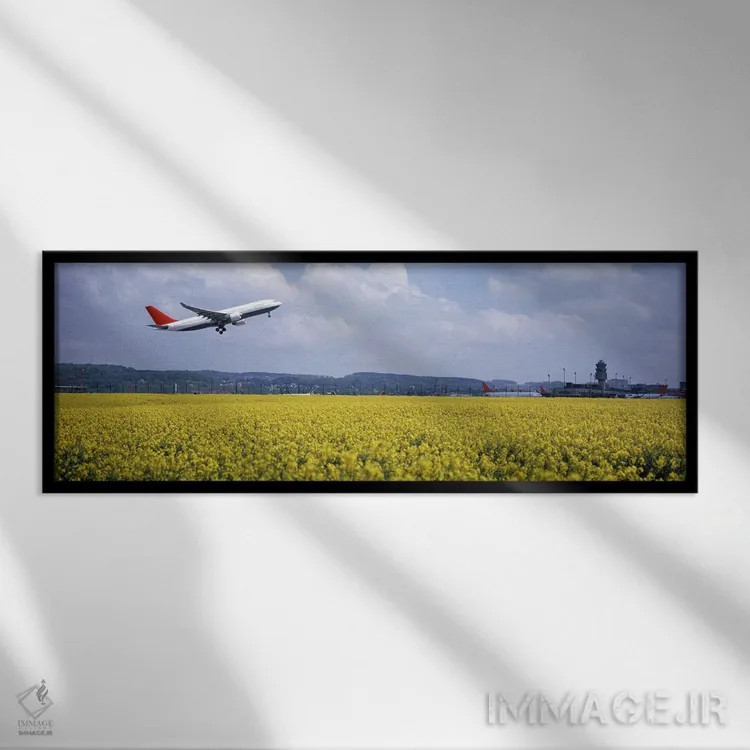 تابلو Zurich (Kloten) Airport, Zurich, Switzerland,هواپیمای در حال ترک فرودگاه، فرودگاه زوریخ (کلوتن)، زوریخ، سوئیس اثر پانورامیک ایمجز (استودیو عکاسی عریض) - نمای قابدار مشکی