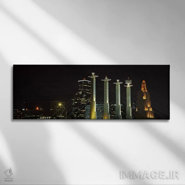 تابلو Kansas City, Jackson County, Missouri, USA,ساختمانهای روشن در شب در شهری، سالن بارتل، کانزاس سیتی، شهرستان جکسون، میزوری، آمریکا اثر پانورامیک ایمجز (استودیو عکاسی عریض) - نمای روبهرو روی دیوار