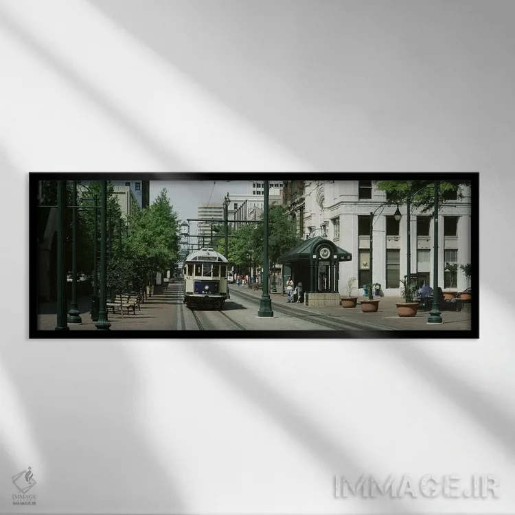 تابلو تراموا خیابان اصلی در میدان کورت، ممفیس، تنسی اثر پانورامیک ایمجز (استودیو عکاسی عریض) - نمای قابدار مشکی