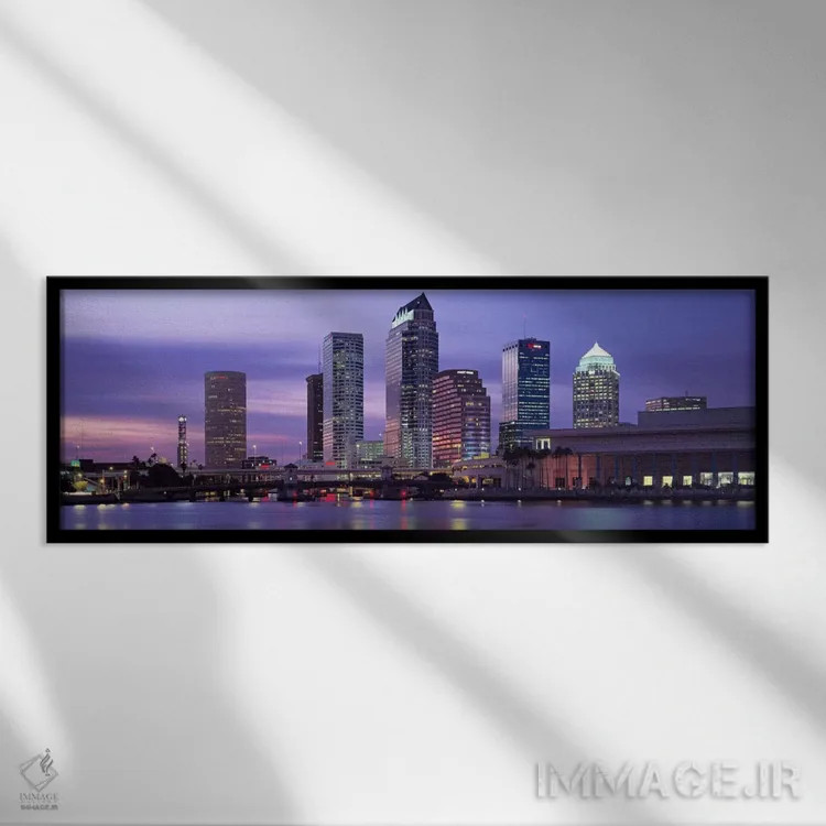 تابلو Tampa, View of an urban skyline at night,آمریکا، فلوریدا، تمپا، نمایی از افق شهری در شب اثر پانورامیک ایمجز (استودیو عکاسی عریض) - نمای قابدار مشکی