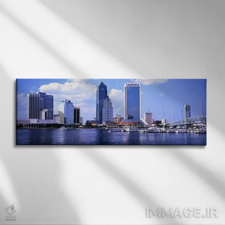تابلو Main Street Bridge, St. John's River, Jacksonville, Florida, USA,آسمانخراشها کنار آب، پل مین استریت، رودخانه سنت جانز، جکسونویل، فلوریدا، ایالات متحده آمریکا اثر پانورامیک ایمجز (استودیو عکاسی عریض) - نمای روبهرو روی دیوار