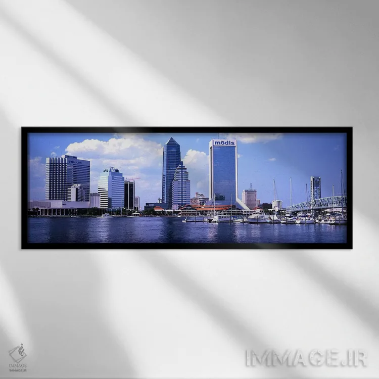 تابلو Main Street Bridge, St. John's River, Jacksonville, Florida, USA,آسمانخراشها کنار آب، پل مین استریت، رودخانه سنت جانز، جکسونویل، فلوریدا، ایالات متحده آمریکا اثر پانورامیک ایمجز (استودیو عکاسی عریض) - نمای قابدار مشکی