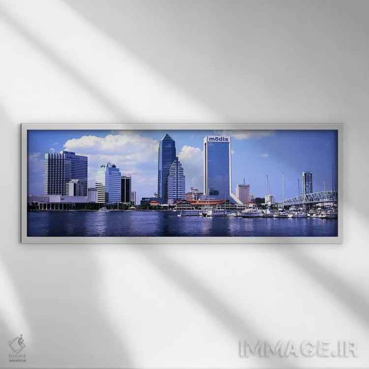 تابلو Main Street Bridge, St. John's River, Jacksonville, Florida, USA,آسمانخراشها کنار آب، پل مین استریت، رودخانه سنت جانز، جکسونویل، فلوریدا، ایالات متحده آمریکا اثر پانورامیک ایمجز (استودیو عکاسی عریض) - نمای قابدار سفید