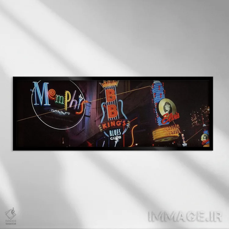 تابلو Beale Street, Memphis, Tennessee, USA,نمای پایین به بالای تابلوهای نئونی روشن در شب، خیابان بیل، ممفیس، تنسی، ایالات متحده آمریکا اثر پانورامیک ایمجز (استودیو عکاسی عریض) - نمای قابدار مشکی