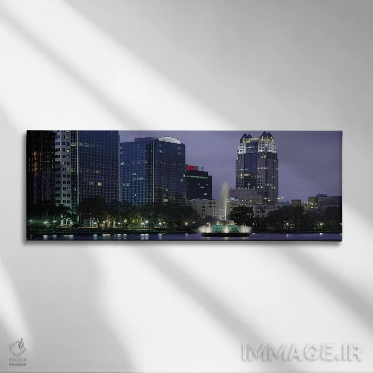 تابلو Lake Eola, Summerlin Park, Orlando, Orange County, Florida, USA #2,فواره دریاچهای روشن در شب، دریاچه ایولا، پارک سامرلین، اورلاندو، شهرستان اورنج، فلوریدا، ایالات متحده آمریکا (۲) اثر پانورامیک ایمجز (استودیو عکاسی عریض) - نمای روبهرو روی دیو
