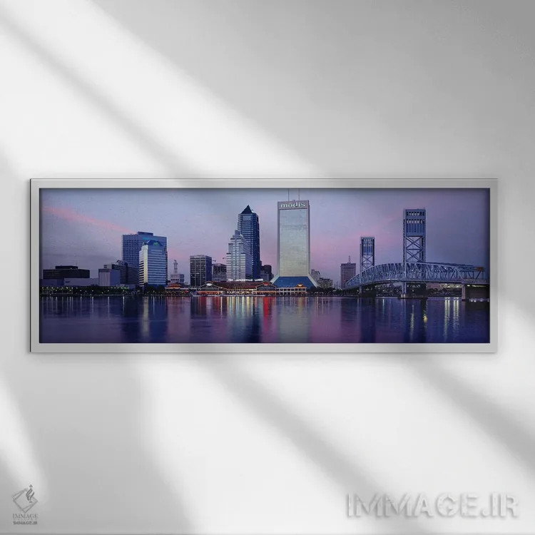 تابلو St. John's River, Jacksonville, Florida, USA,آسمانخراشها در ساحل رودخانه سنت جانز، جکسونویل، فلوریدا، ایالات متحده آمریکا اثر پانورامیک ایمجز (استودیو عکاسی عریض) - نمای قابدار سفید