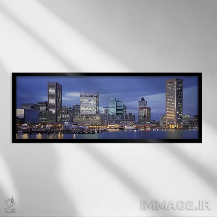 تابلو Baltimore, Maryland, USA,نمای پانورامای افق شهری در گرگ و میش، بالتیمور، مریلند، ایالات متحده آمریکا اثر پانورامیک ایمجز (استودیو عکاسی عریض) - نمای قابدار مشکی