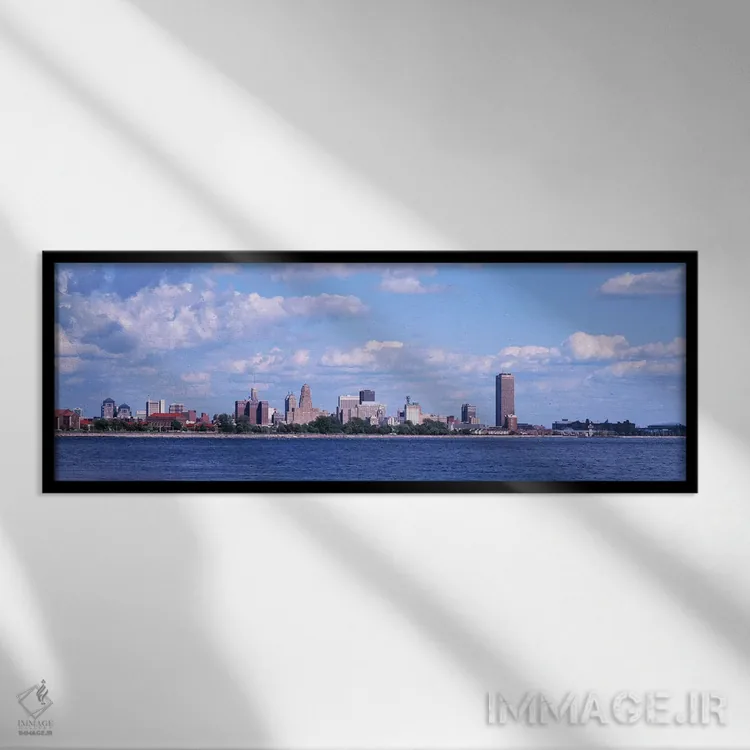 تابلو Buffalo, Niagara River, Erie County, New York State, USA,ساختمانهای کنار ساحل، بوفالو، رود نیگارا، شهرستان ایری، ایالت نیویورک، ایالات متحده آمریکا اثر پانورامیک ایمجز (استودیو عکاسی عریض) - نمای قابدار مشکی