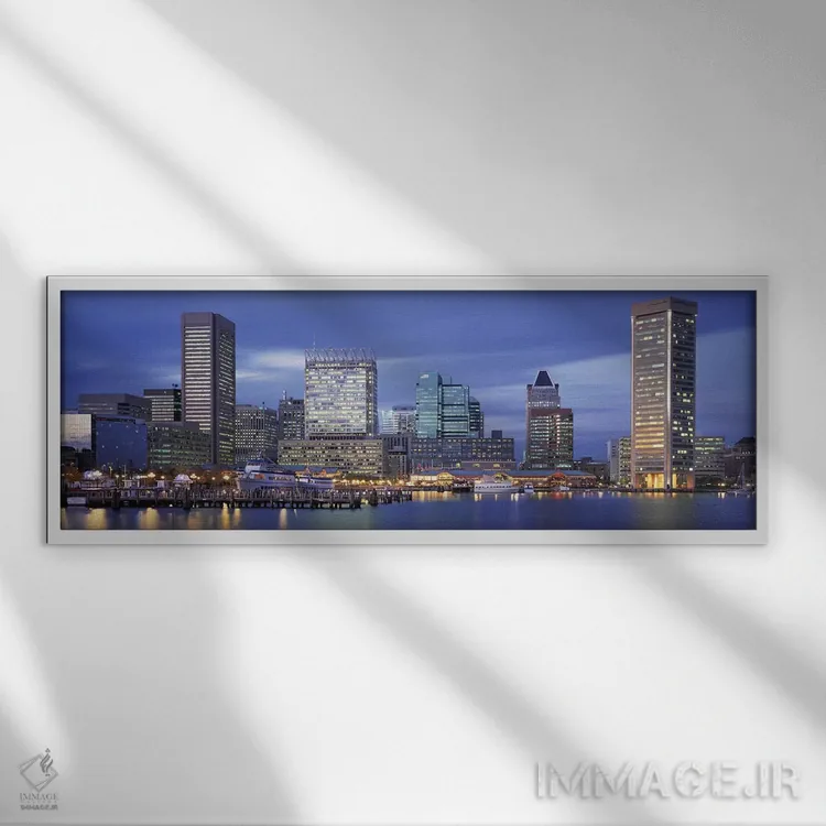 تابلو Baltimore, Maryland, USA,نمای پانورامای افق شهری در گرگ و میش، بالتیمور، مریلند، ایالات متحده آمریکا اثر پانورامیک ایمجز (استودیو عکاسی عریض) - نمای قابدار سفید